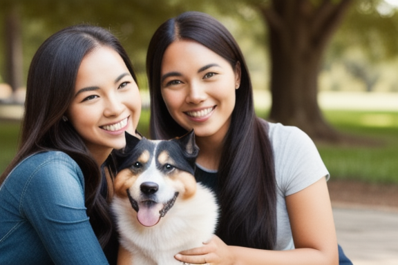 A smiling dog sitting beside its owner