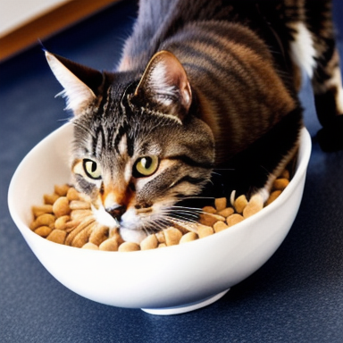 Cat eating from a bowl of balanced cat food