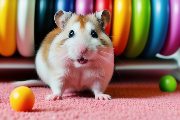 Hamster explorando seu habitat colorido e estimulante