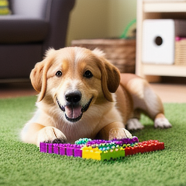 A happy dog playing with a puzzle toy
