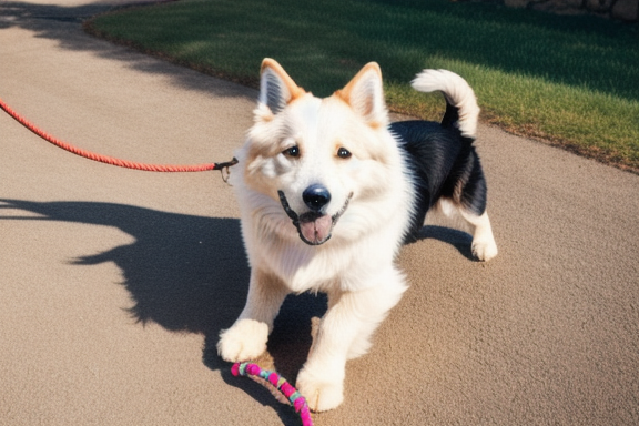 A happy dog playing with a rope toy