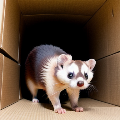 A playful ferret exploring a maze of cardboard tunnels and hiding spots
