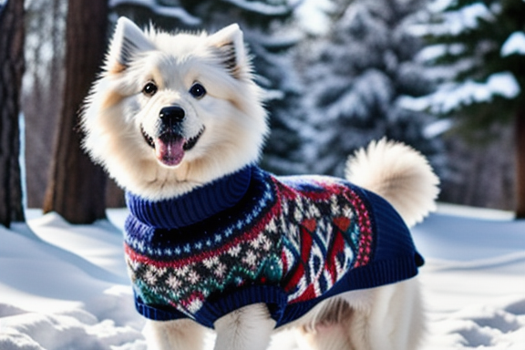 Cão fofo com uma blusa de inverno, aproveitando uma caminhada na neve
