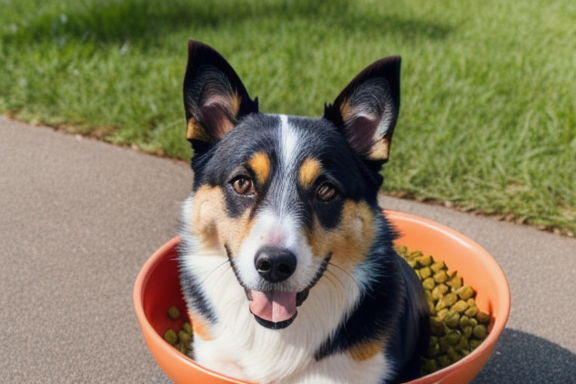 Cão feliz com uma tigela de comida natural