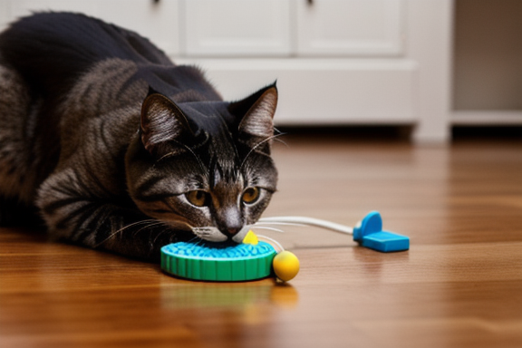 An older cat playing with a toy